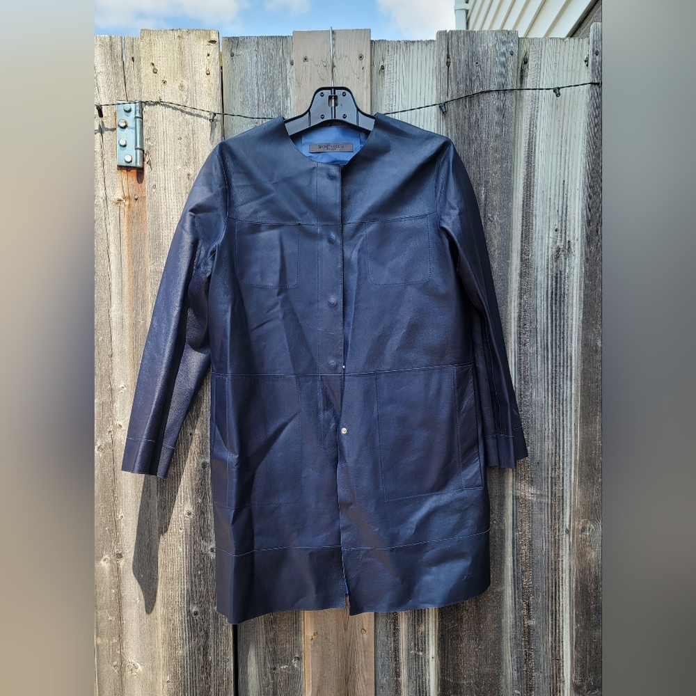 Women's Navy Leather Coat